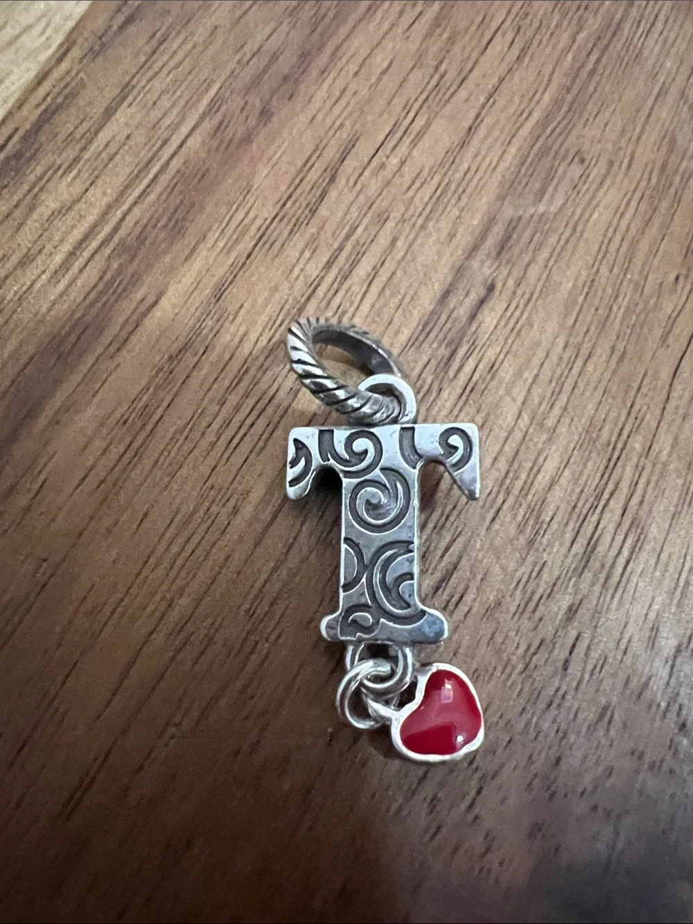 Brighton Blue Enamel 'T' Initial Charm with Red Heart Dangle